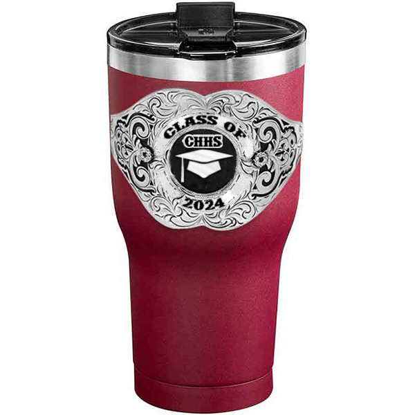 A customized tumbler made of stainless steel with a personalized engraved Class of 2024 lettering with graduate cap figure, 30 oz, ideal for coffee or cool drinks